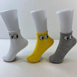 3-Pack Unisex Fun Ankle Socks With Googly Eyes Design Yellow White Gray